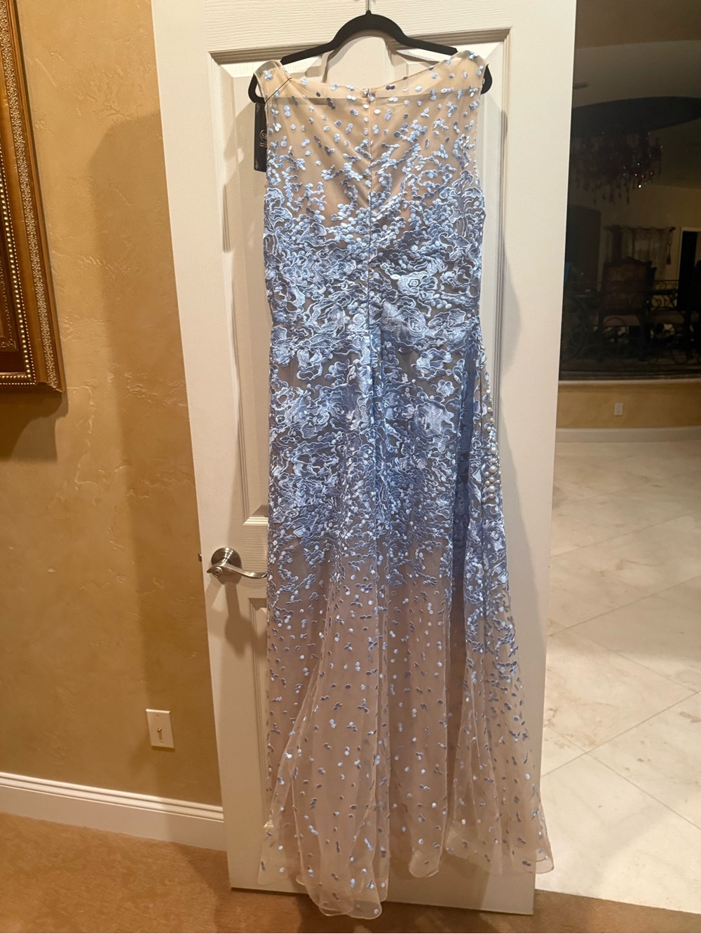 Light Blue Embroidered Sheer Evening Gown
